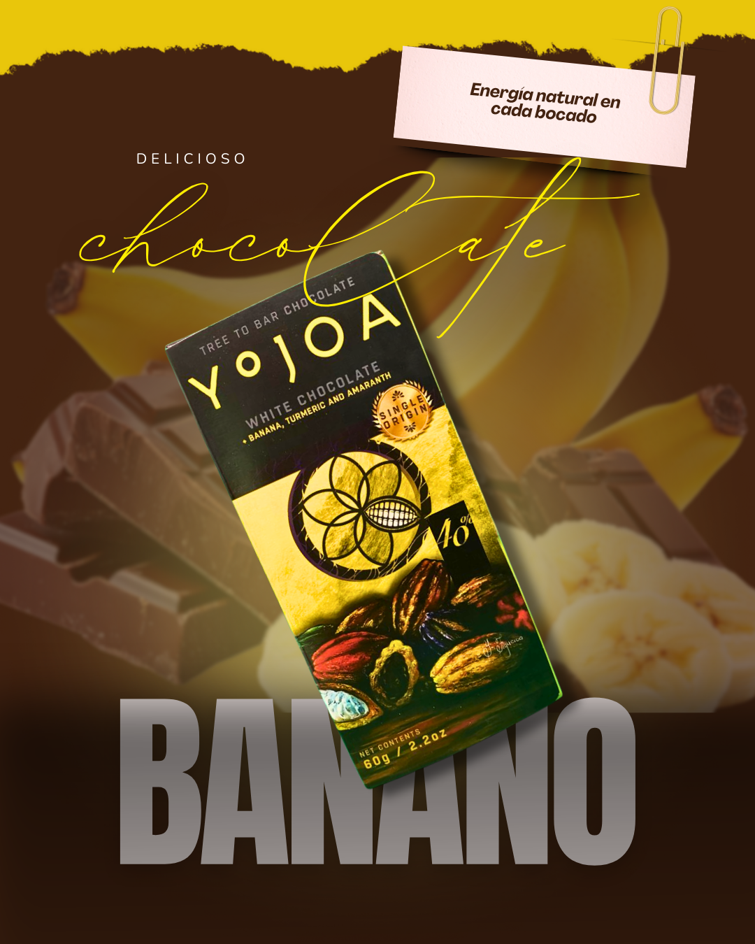 Chocolate Blanco con Cúrcuma, banano y Amarantho
