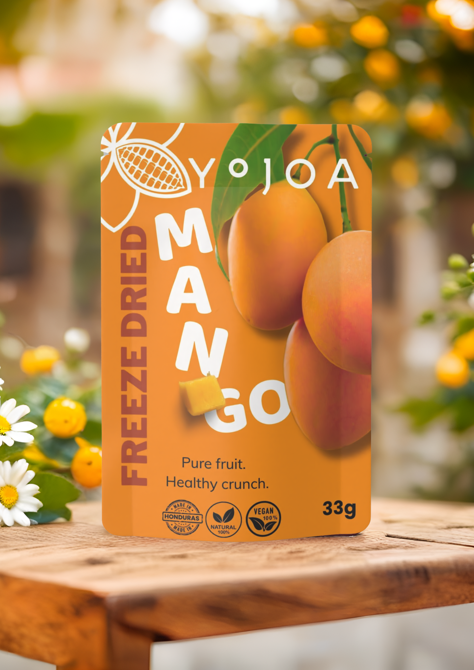 Mango de intenso sabor tropical y textura crujiente. Dulce de forma natural y perfecto para disfrutar en cualquier momento del día. 100% fruta · Sin azúcar añadida · Sin conservantes · Vegano · Sin gluten